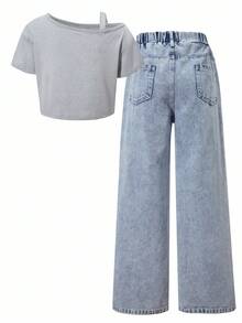 SHEIN ChillGRL 2 件套 Tween Girl Me 宽松休闲吊带背心印花上衣和浅蓝色牛仔长裤套装，适合日常通勤、休闲、街头风格、与朋友聚会、春夏 - 藍色 - 查看 2