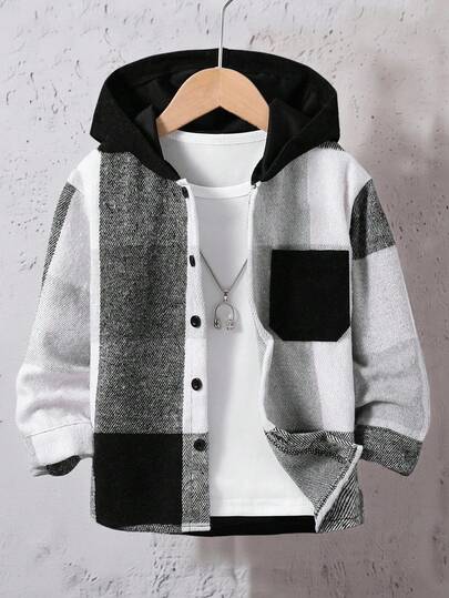 SHEIN Vacaura 1pc Young Boy's Plaid Patchwork Casual Hooded Shirt Jacket, Collegiate Style, Fashionable For Everyday Wear, Spring/Autumn New Arrival, Suitable For 4-7 Years Old Boys For Daily Wear, Sports, Outdoor, School