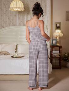 SHEIN 粉色优雅格子印花V领吊带背心和裤子女士睡衣套装