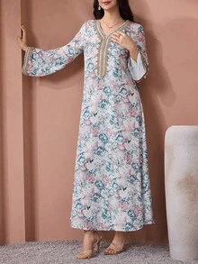 Al Najma 女士花卉印花钩编拼接长袖连衣裙，优雅端庄的A字型卡夫坦长袍，适合晚宴/婚礼宾客/周年纪念/日常穿着 - 彩色 - 查看 5