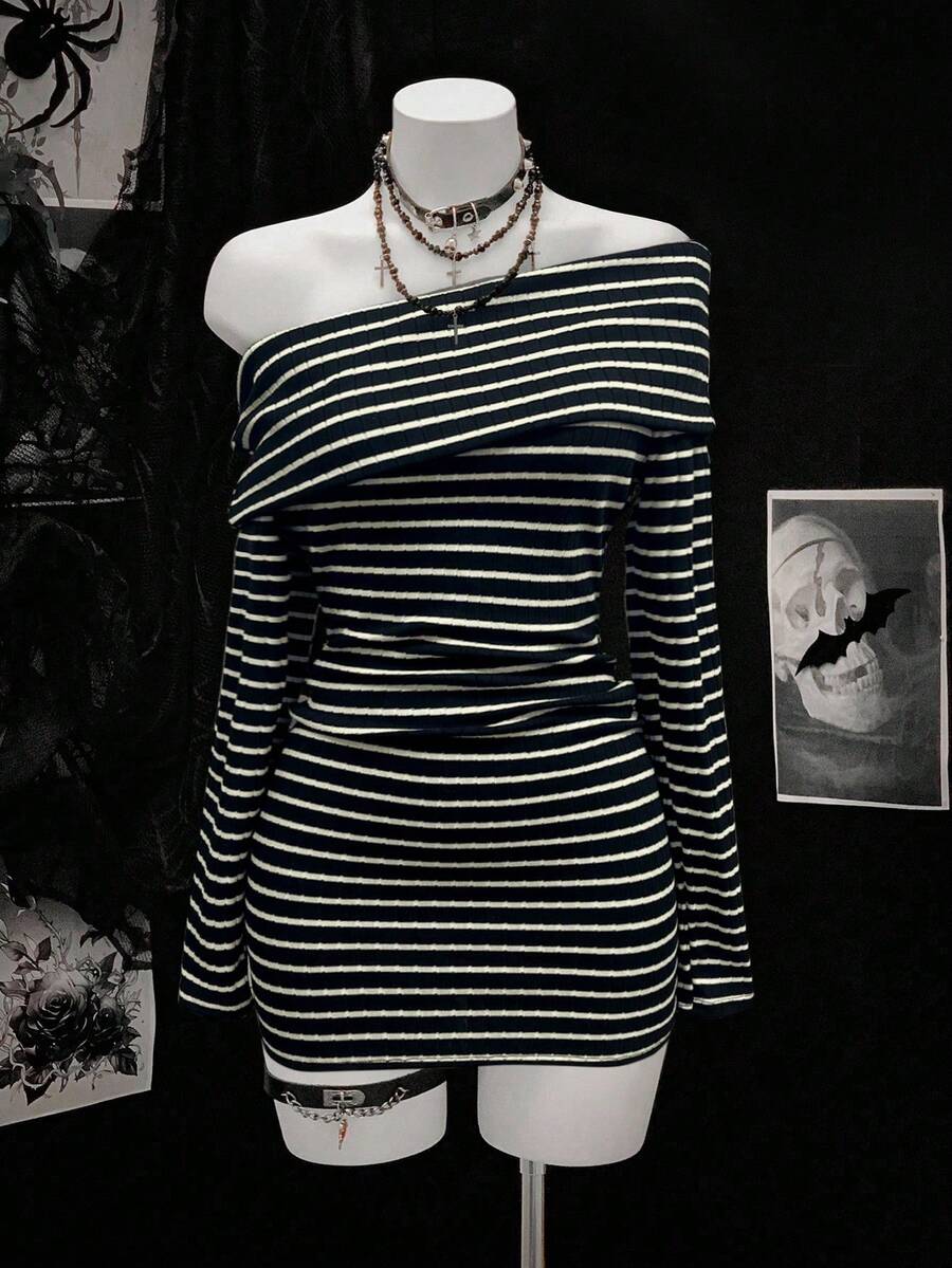 SHEIN Unity Women's Fashionable Black And Gray Striped Long Sleeve Dress - Multicolor - View 1