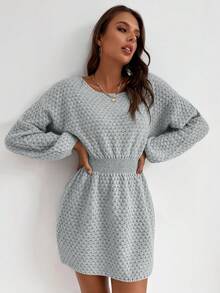 SHEIN LUNE Váy len cổ tròn thắt eo thường ngày cho nữ, Thu/Đông - Xám - Xem 4