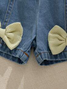 Souflis Souflis Top tricotat cu mânecă scurtă, galben deschis, în stil retro francez, cu fundă 3D, asortat cu pantaloni scurți din denim casual versatili, ținută jucăușă și drăguță pentru fete, potrivită pentru școală, ieșiri și ocazii multiple - Multicolor - Vizualizare 6