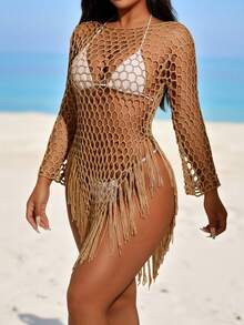 Swim SXY Summer Beach Women's Fashionable Hollow Out Long Sleeve Fringed Cover Up - Khaki - View 4