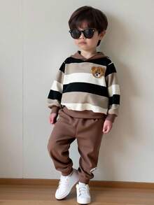 SHEIN Young Boys Casual Loose Comfortable Versatile Cute Plush Bear Patch Striped Pattern Hoodie & Pants Set - Khaki - View 9