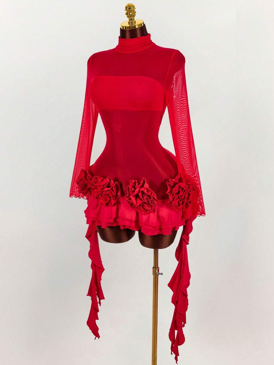 Amplova 女士迷你连衣裙，长袖连衣裙，不对称荷叶边下摆，3D立体花卉装饰 - 彩色 - 查看 1