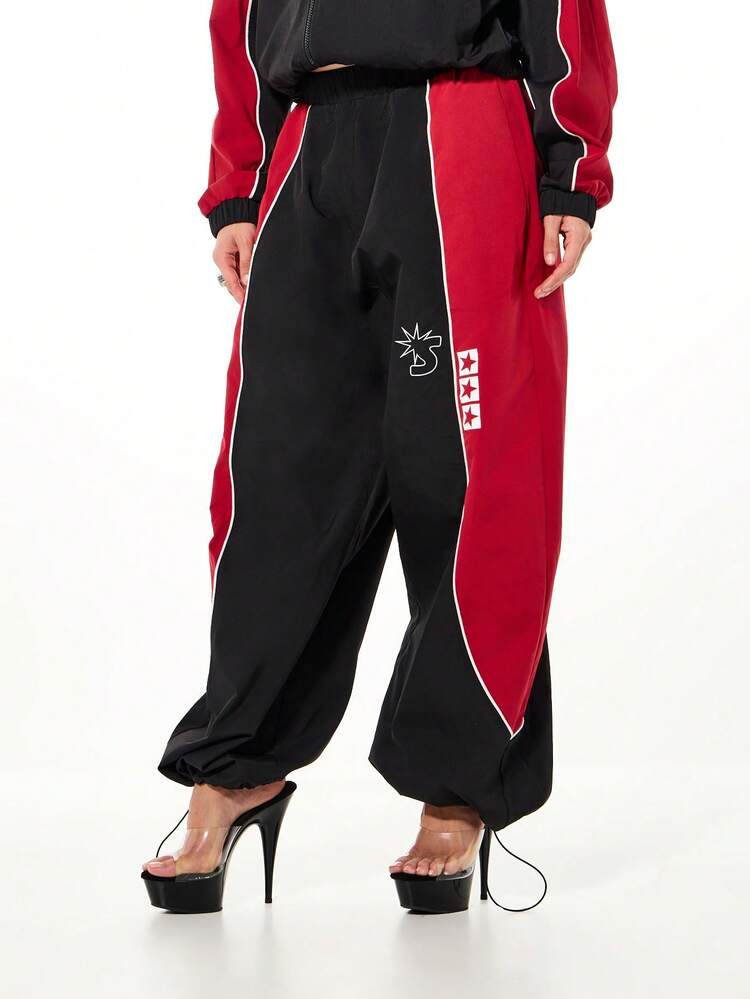 SUMWON Women Panelled Track Pants Baggy Loose Fit High Waisted Joggers With Color Block Design And Star Logo Graphics