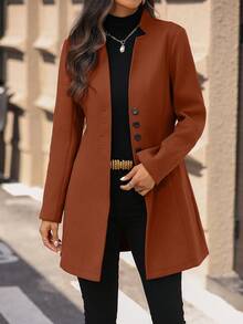 SHEIN LUNE 女款休閒度假立領羊毛混紡修身夾克棕色西裝外套女款大衣秋季女款夾克女裝套裝棕色女款 - 棕色 - 查看 7