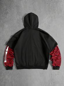 ROMWE MEN Friday the 13th X ROMWE Men's Patchwork Striped Mask Print Zip-Up Hooded Sweatshirt, Autumn - Black - View 2