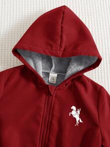 SHEIN 两件套男婴保暖连帽外套（动物印花）和休闲运动裤套装，适合冬季穿着 - 酒紅色 - 查看 4