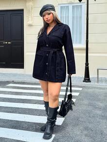 SHEIN EZwear 大码纯色落肩长袖前扣牛仔衬衫裙，时尚百搭 - 深色水洗藍 - 查看 6