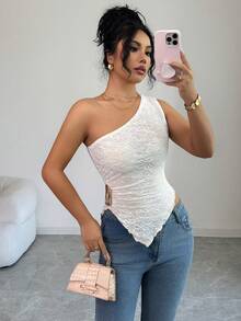 SHEIN Elenzya 女士新款春夏秋季休闲通勤旅行上衣，纹理面料，不对称下摆，不对称斜肩设计，侧边金属装饰，适合女性在秋季、情人节、新年、假期、万圣节、圣诞节等场合穿着。 - 杏色 - 查看 7