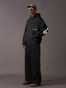 STYNVO 男士保暖内衬休闲字母图案宽松落肩连帽卫衣，秋季男士黑色印花连帽衫街头风短款连帽衫 - 黑色 - 查看 3