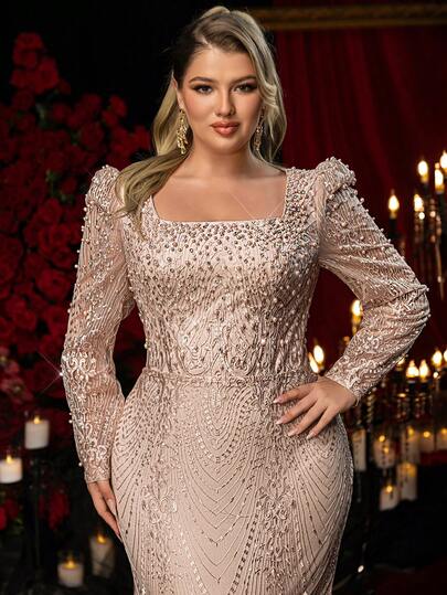 Glamrae Plusstorlek Elegant Romantisk Champagnefärgad Fyrkantig Halsringning Långärmad Skir Klänning med Strass & Pärldekorationer och Sjöjungfrufåll, Lämplig För Bröllop, Fest, Formellt Tillfälle, Gala, Formell Aftonklänning (Starkt Dekorerad Design)
