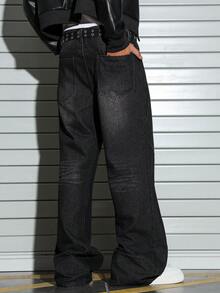 PAVTROS Quần jeans ống rộng túi rộng rãi thường ngày cho nam - màu đen - Xem 2