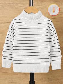 SHEIN Boys' Striped Turtleneck Long Sleeve Knit Sweater,White,Autumn,80s,School,Back-To-School,Comfortable Versatile Preppy All-Match School Uniform - White - View 4