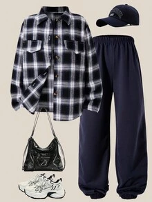 SHEIN Explorewe Set de 2 piezas de camisa de manga larga a cuadros y pantalones casuales para niñas, otoño/invierno - Multicolor - Ver 2