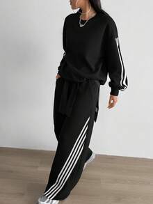 Aidyla 2pcs Set Contrast Color Striped Fleece Hoodie Sweatshirt, Fashionable Street Style - Black - View 5