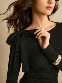 Poéselle 女士优雅纯色不对称下摆上衣和裤子两件套 - 黑色 - 查看 2