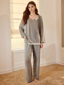 MOTF PREMIUM STEREO FLORAL LANTERN SLEEVE TOP & PANTS LOUNGE SET - Coffee Brown - View 3