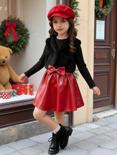 Vändbar ärmlös västjacka i korallfleece för ung flicka, kombinerad med svart ribbad stickad 12*4 texturerad nederdel, halvklänning med röd läderrosett i midjan, set med röd läderbaskerhatt. Topp i kaffefärgat stickat tyg med rund hals, riven panel och leopardrosett, kombinerad med leopardstickade shorts, 2-delad outfit för vardagskläder, utomhusresor, fest