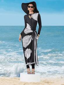 Swim Shayni 女士中东风情长袖连体裤，贝壳印花，贝壳网纱长裙，三件套，休闲时尚沙滩度假泳装套装 - 黑色 - 查看 3