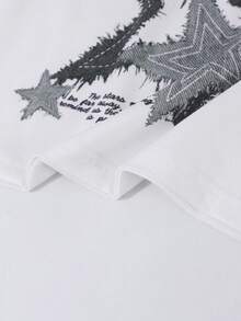 SHEIN ChillGRL 2 件/套街头时尚女孩套装：修身短款图案星星针织上衣 + 牛仔印花宽腿宽松裤 - 灰色 - 查看 6