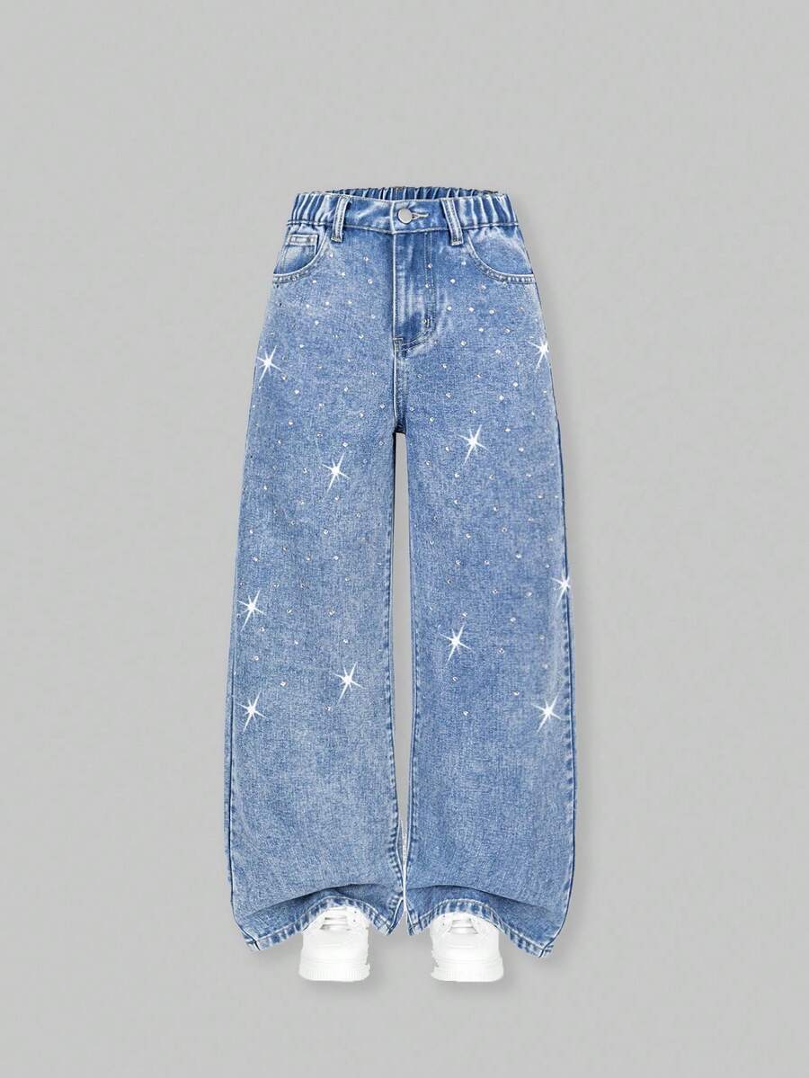 SHEIN ChillGRL Tween Girls Y2K Style Shiny Rhinestone Light Blue Denim Color Casual Loose Wide Leg Washed Jeans - Light Wash - View 1