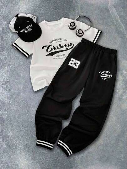 SHEIN Coolqubz 2 件套青少年男童时尚美式字母印花圆领 T 恤和抽绳裤套装，适合日常、休闲和通勤穿着，春夏季