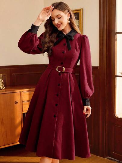 Vintamour 复古优雅女士连衣裙，带口袋、腰带、撞色拼接、蝴蝶结纽扣，适合通勤、秋季、圣诞派对等场合。