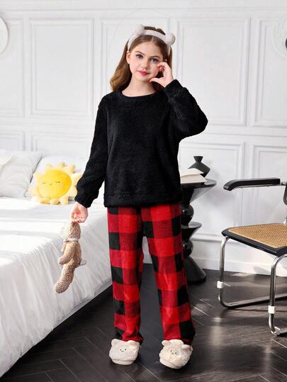 SHEIN Girls Plush Crew Neck Long Sleeve Plaid Pants Pajama Set, Winter Teen Girl Pajama Set Girl Winter Clothes Teen Girls Sets Tween Lounge Set Tween Girls Pants Set Teen Girl Lounge Wear