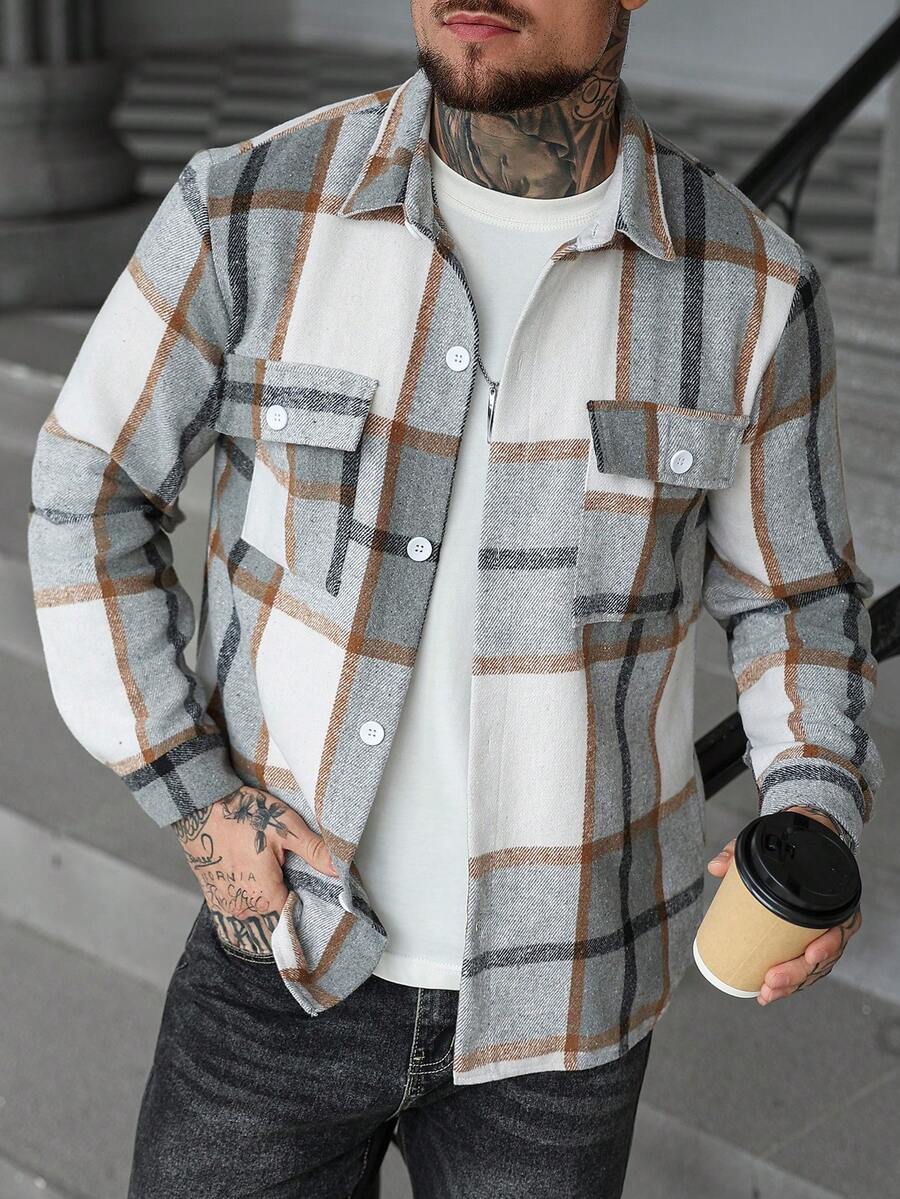Manfinity Homme 休闲蓝白格子口袋男士衬衫式外套 - 卡其色 - 查看 1