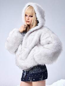 ROMWE EDITION Y2K仿皮草和麂皮双面穿女式韩流外套，适合秋冬季穿着 - 灰色 - 查看 11