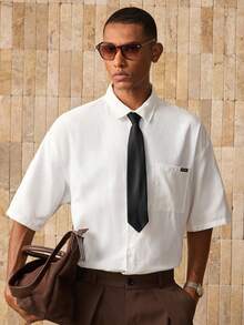 AKNOTIC Áo Sơ Mi Nam Dệt Kim Có Cà Vạt, Baggy Tay Ngắn Phối Nút Cổ Áo Sơ Mi Công Sở Màu Trắng Trơn Cho Bạn Trai Quà Tặng - trắng - Xem 2