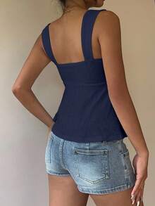 SHEIN EZwear Navy Blue Knitted Square Collar Cute Casual Women Top Baby Doll Top Sexy Tops For Women Summer Navy Blue Baby Doll Top