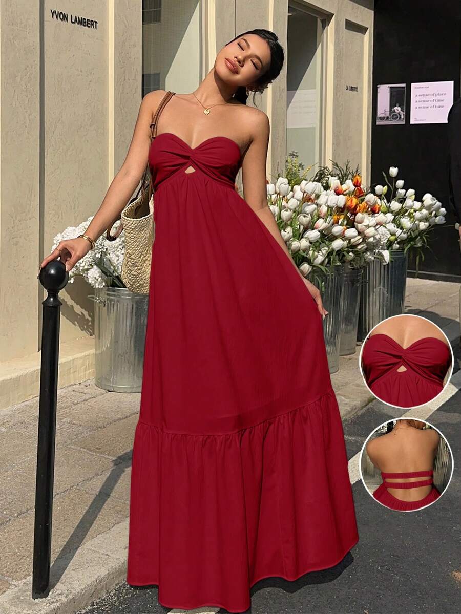 MainGRL Váy Bohemian đỏ, không dây, thích hợp cho ngày lễ tình nhân và kỳ nghỉ, mùa xuân/hè - Đỏ - Xem 1