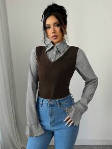 Elenzga Áo thun dài tay kẻ sọc phối màu đơn giản cho nữ, mùa thu - Màu nâu  Mocha - Xem 4