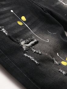 Manfinity LEGND Men's Contrast Color Ripped Pocket Casual Denim Jeans Men Ripped Splash Ink Jeans Drip Jeans