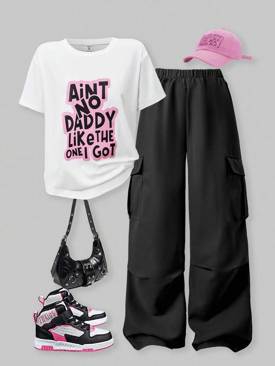 SHEIN Explorewe 2pcs/Set Teen Girl Graphic Print Pullover T-Shirt And Cargo Pants Outfit, School, Campus, College - Black - View 1