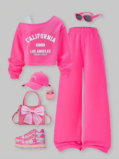 SHEIN ChillGRL 2件套少女宽松不对称肩部撞色印花长袖上衣和阔腿裤套装，休闲百搭，适合日常、通勤、度假、聚会、街头风，秋冬季穿着。