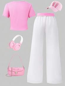 SHEIN ChillGRL 2pcs Tween Girls Plain Rabbit Graphic Tee And Graffiti Printed Pants Set Outfit Sets Girls Summer Holiday - Pink - View 2