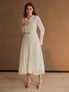 MOTF PREMIUM Einfarbiges Hemdkleid mit Stehkragen, gefalteter Plissierung und Gürtel - Aprikosenfarben - Übersicht 4