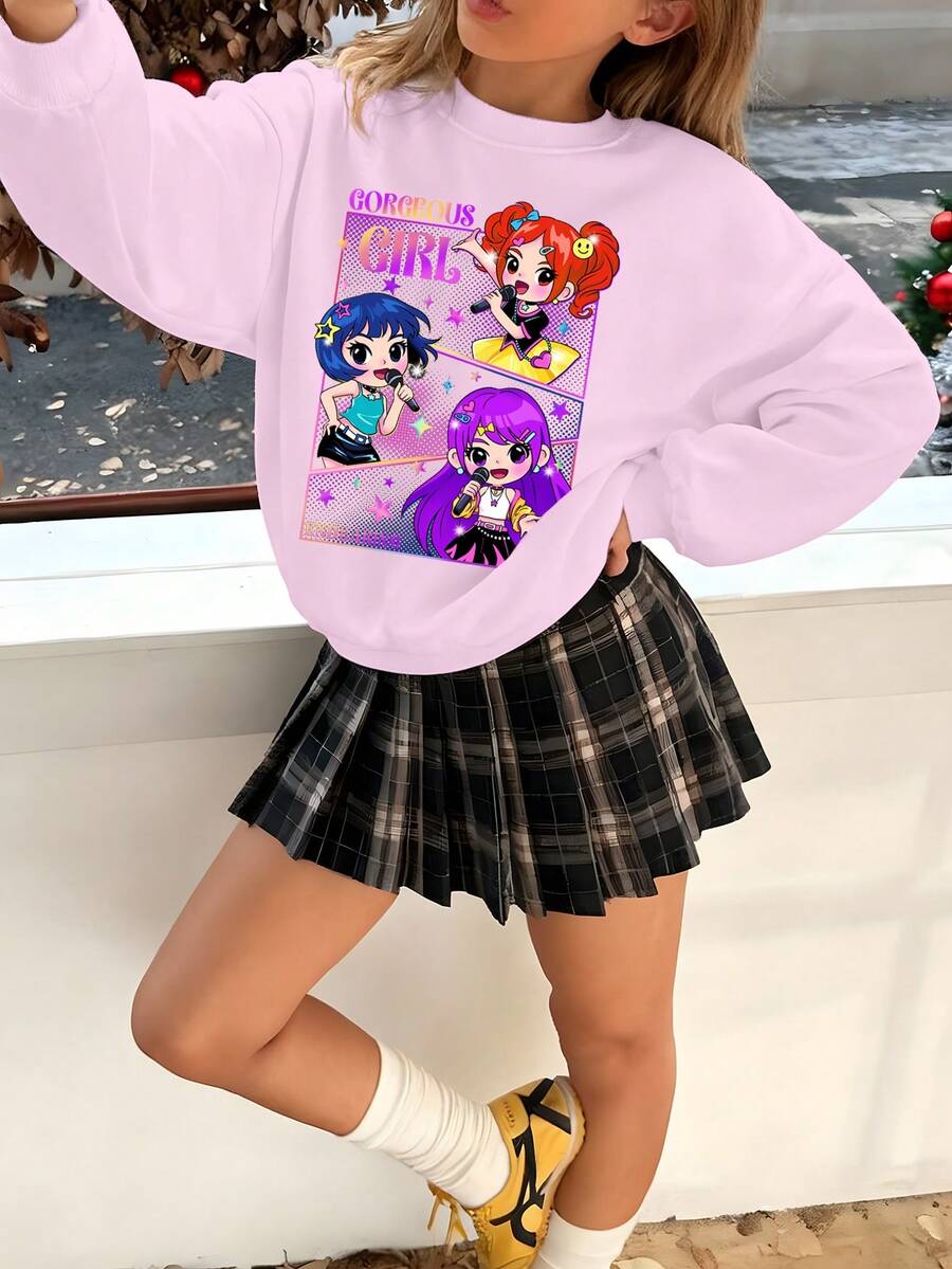 Tween Girls'light Purple K-POP Anime Cartoon Girl Portrait Pattern Sweatshirt,Cute Back-To-School Autumn School Thick Soft Long Sleeve Crew Neck - Multicolor - View 1