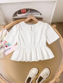 Blusa casual de vacaciones para niñas preadolescentes con cuello redondo, manga corta, volantes y diseño 3D de mariposas - Blanco - Ver 3