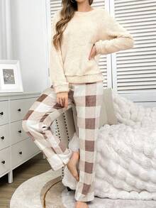 SHEIN 女士休闲毛绒长袖家居服套装，秋冬款 - 米色 - 查看 4