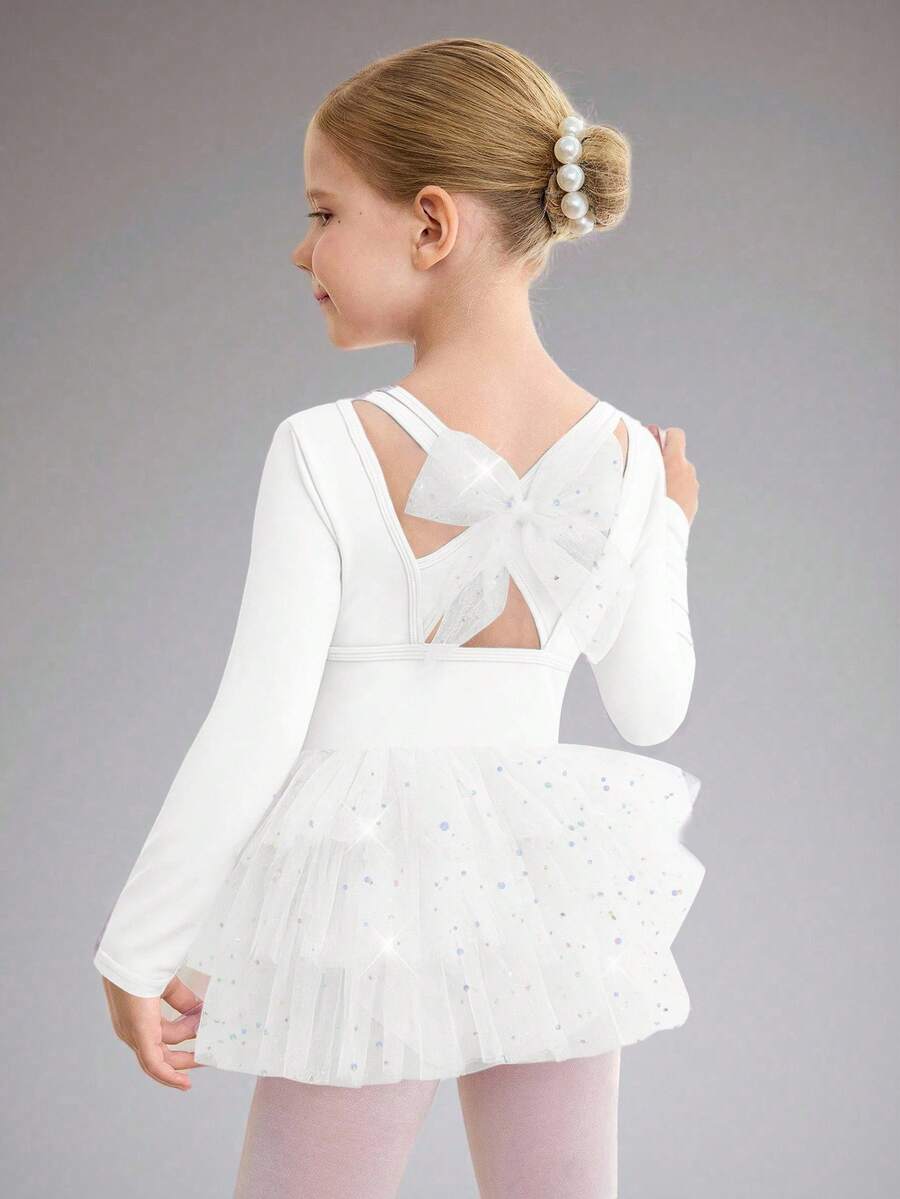 女童长袖芭蕾舞裙，白色网纱泡泡裙儿童舞蹈服运动服