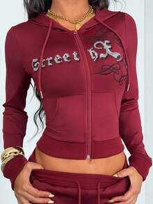 StreetHx Women's 2000s Style Casual Streetwear, Y2K Inspired Embroidered Pattern Loose Fit 2 Pieces Set, Long Sleeve, Autumn/Winter - Burgundy - View 3