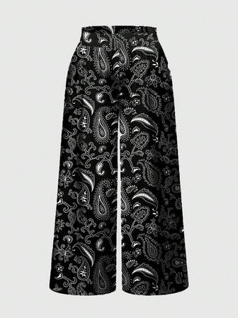 Fairycore بنطلون فضفاض مطبوع بطراز زهري داكن رجعي لذوي الأحجام الكبيرة