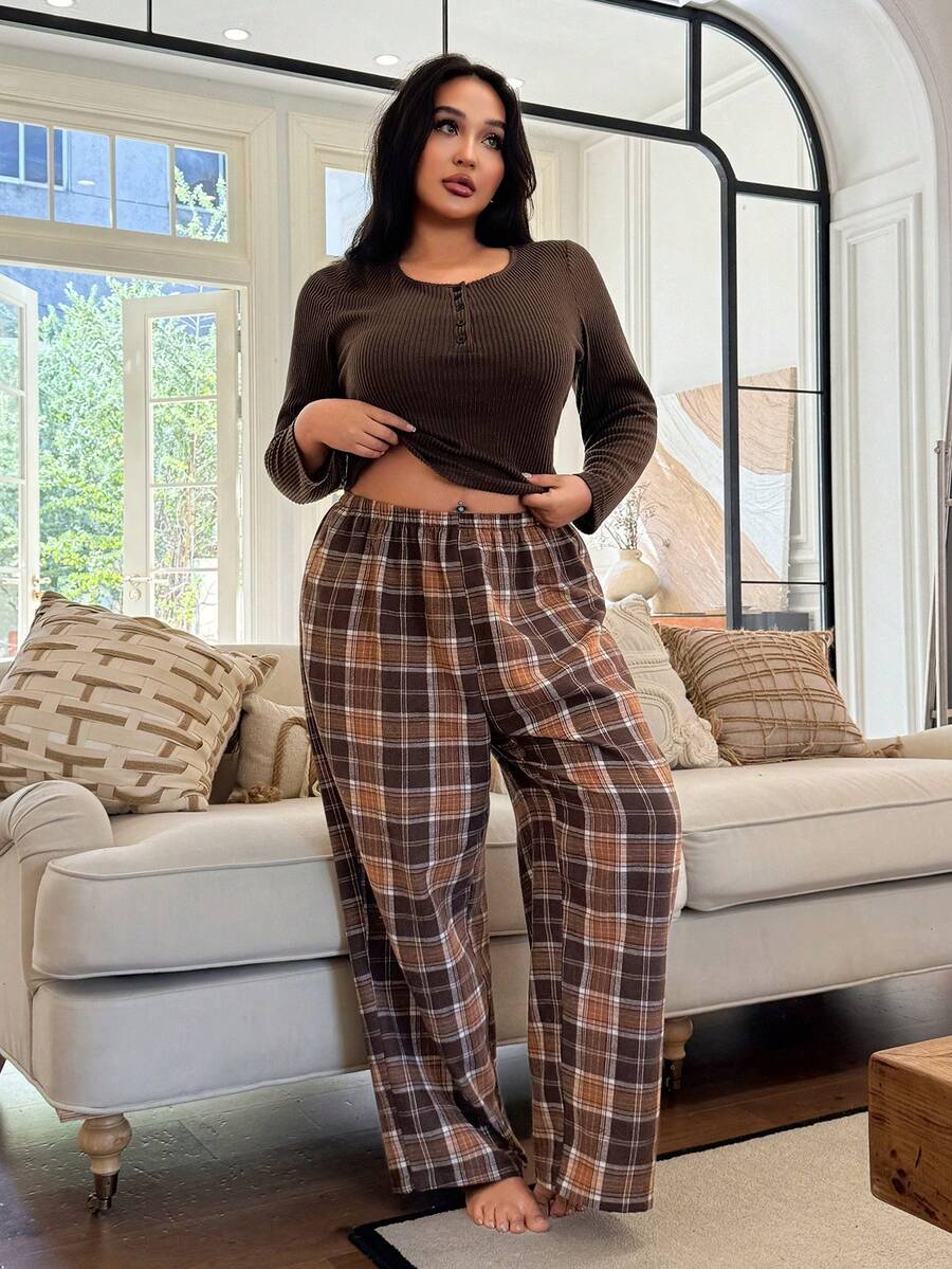 SHEIN Plus Size Casual Sexy Solid Color Button Long Sleeve Top & Plaid Pants PJS Curve Two Piece Set Plus Size Lounge Set Plus Size 2 Piece Set Brown Pj Set - Multicolor - View 1