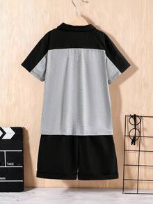 SHEIN Explorewe Tween Boy Summer Casual Daily Commute Sports College Style Contrast Color Half Zip Polo Shirt And Shorts Set - Black - View 2